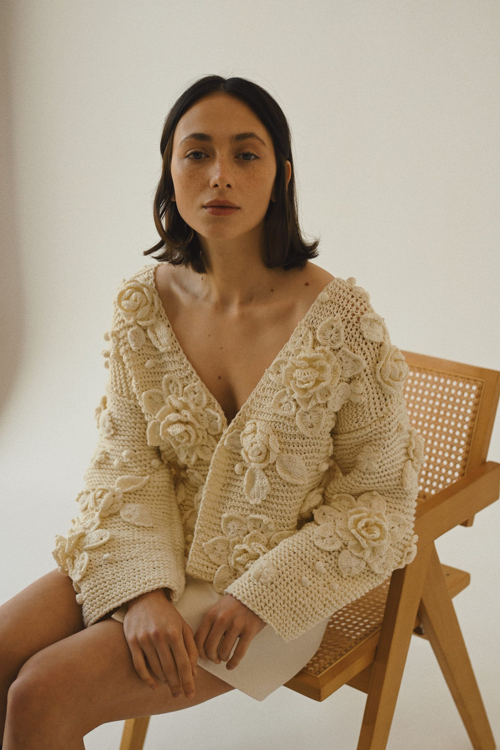 Handknit Cotton Cardigan: White V-neck Jacket With Embroidered Flowers