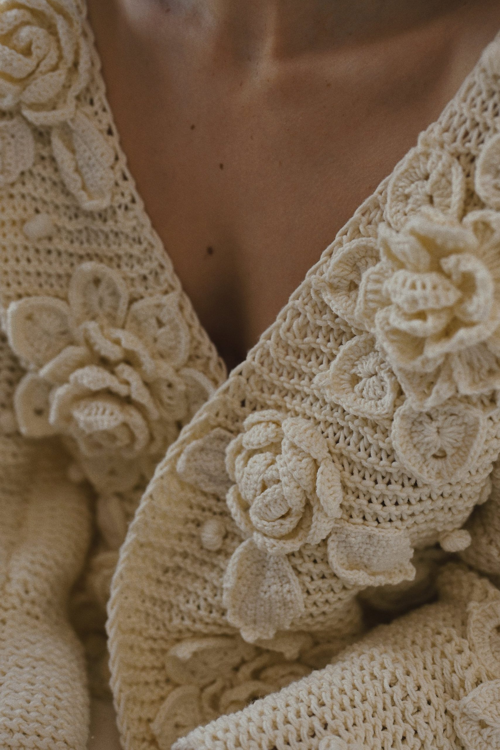 Handknit Cotton Cardigan: White V-neck Jacket With Embroidered Flowers