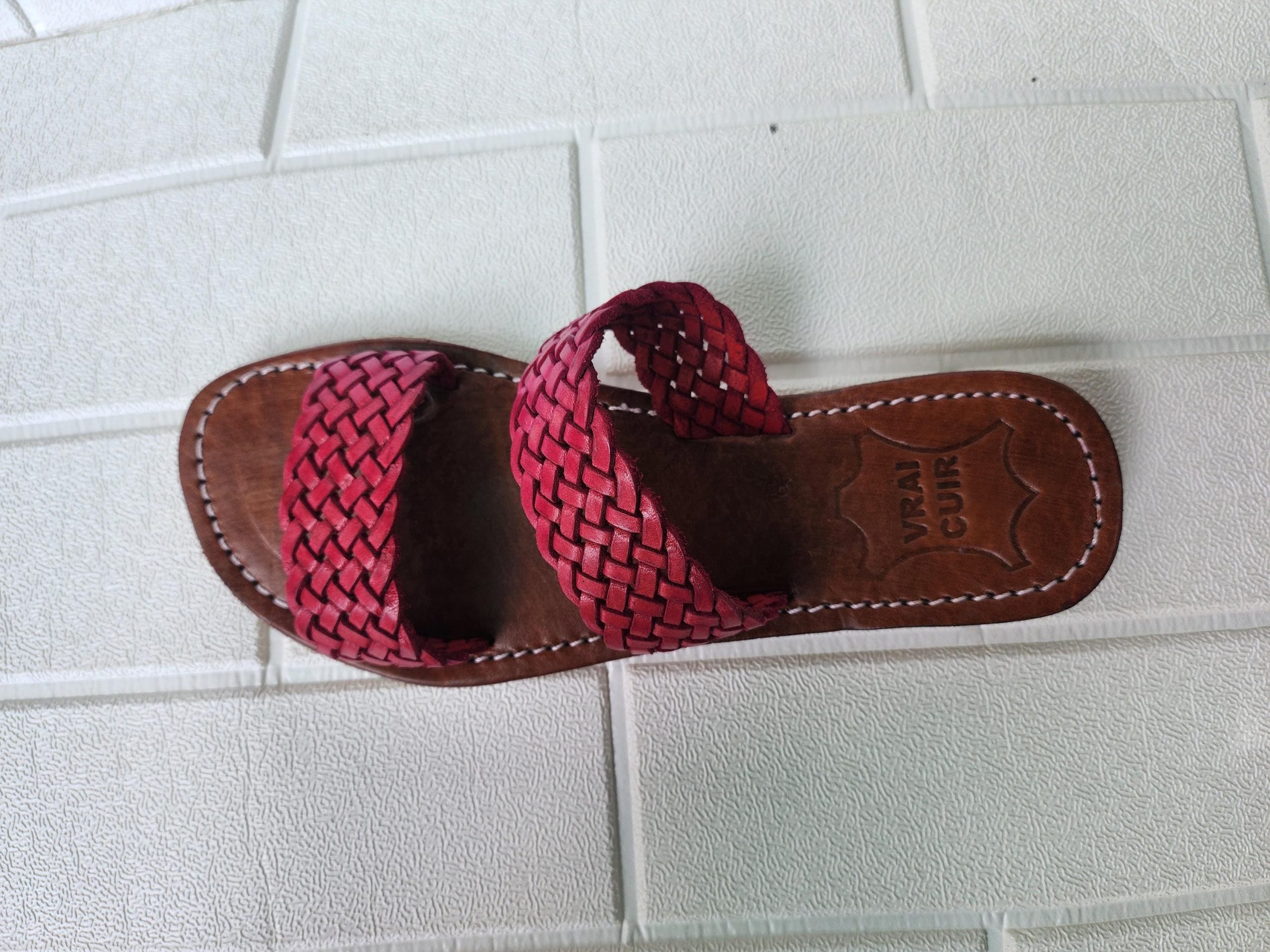 Double Strap Braided Moroccan Sandals For Women – Handmade Red Leather Summer Flats – Artisan Slip-on Shoes 37 To 42 – Real Leather Slides