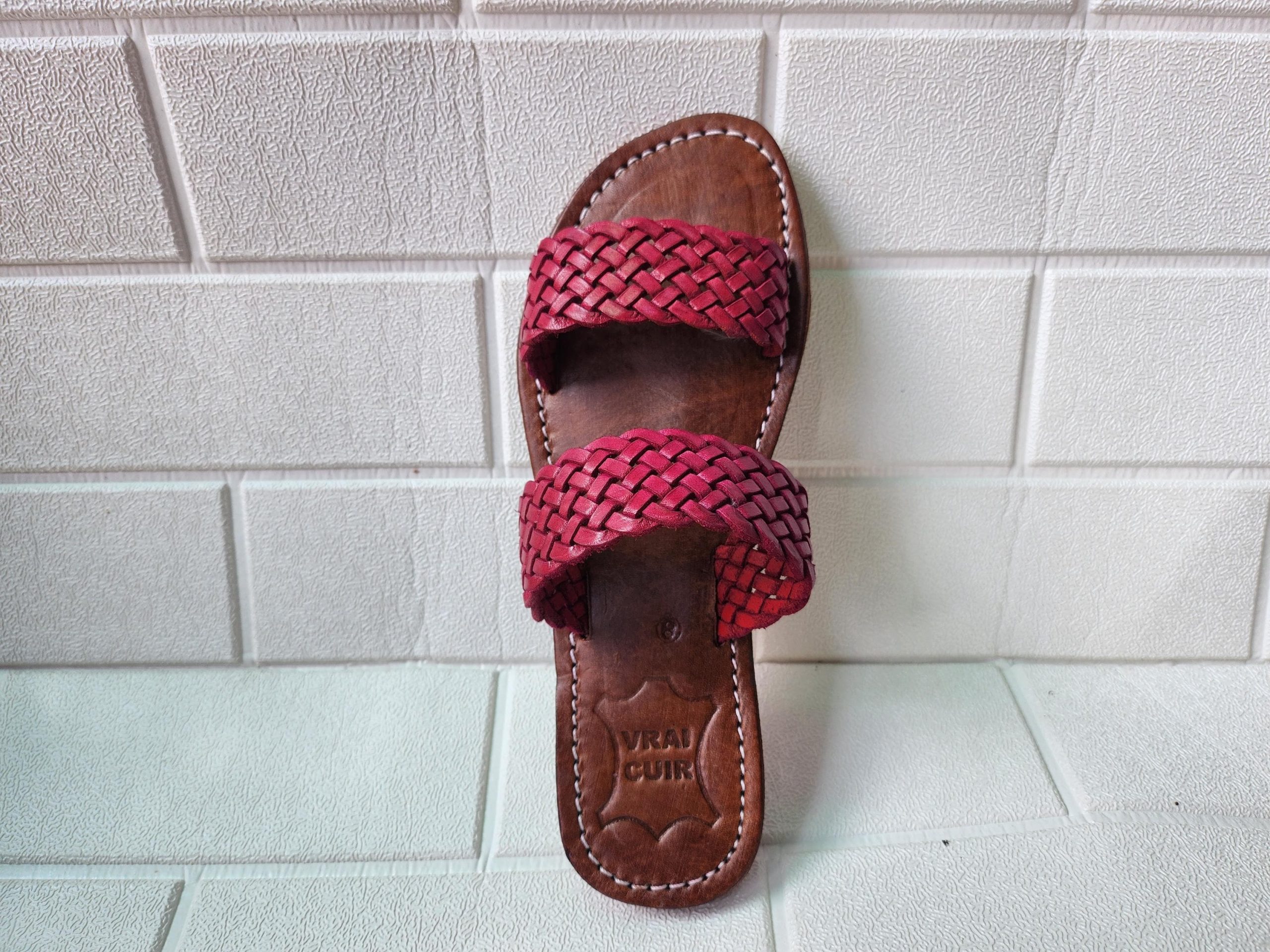 Double Strap Braided Moroccan Sandals For Women – Handmade Red Leather Summer Flats – Artisan Slip-on Shoes 37 To 42 – Real Leather Slides