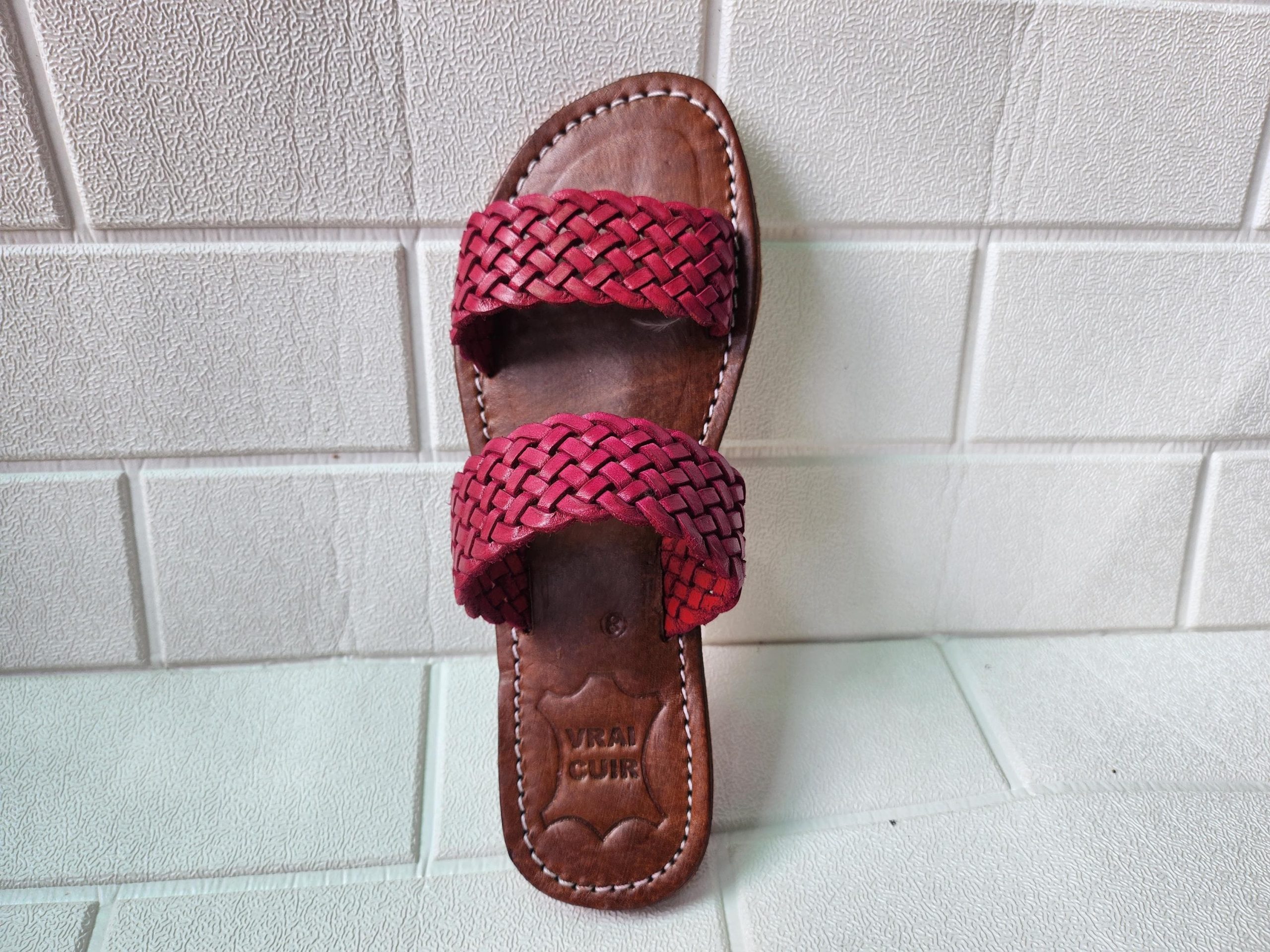 Double Strap Braided Moroccan Sandals For Women – Handmade Red Leather Summer Flats – Artisan Slip-on Shoes 37 To 42 – Real Leather Slides