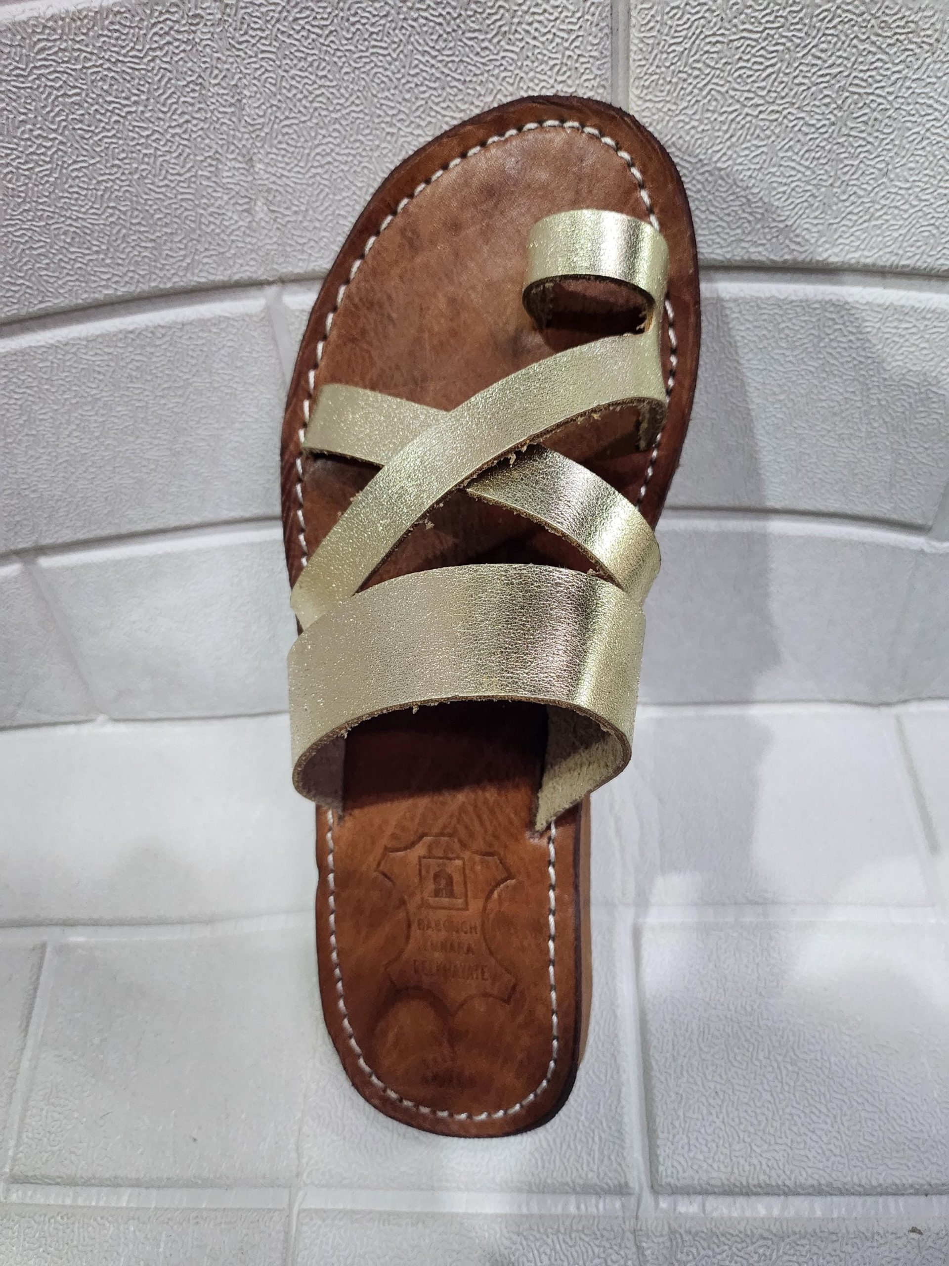 Gold Leather Moroccan Sandals For Women – Handmade Crisscross Flat Summer Shoes – Toe Ring Boho Slip-ons – Metallic Comfy Flats –