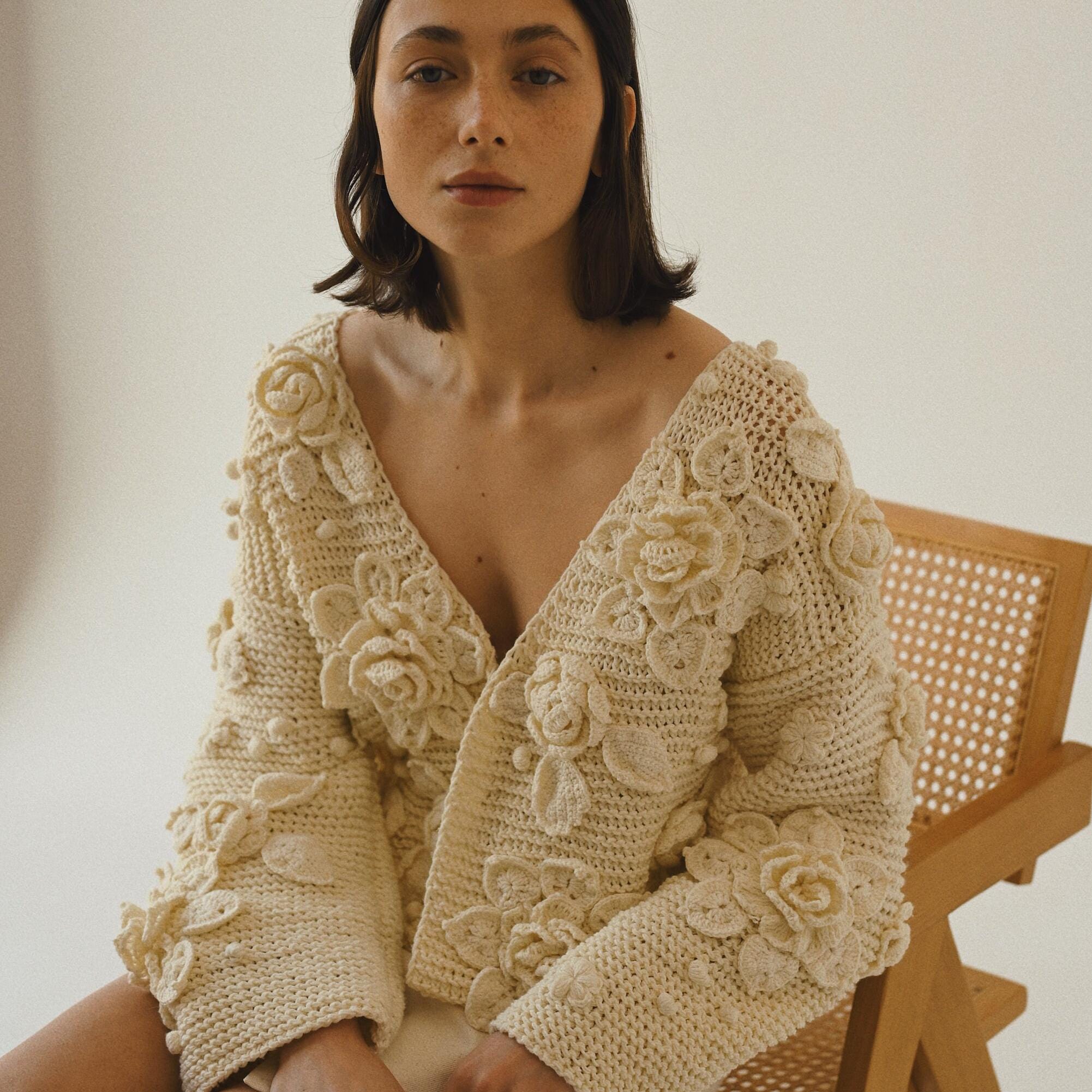 Handknit Cotton Cardigan: White V-neck Jacket With Embroidered Flowers